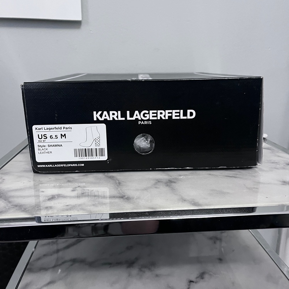 Karl Lagerfeld Shawna Black Suede Bootie With Clear Lucite Heel and Gold Design - Picture 7 of 7